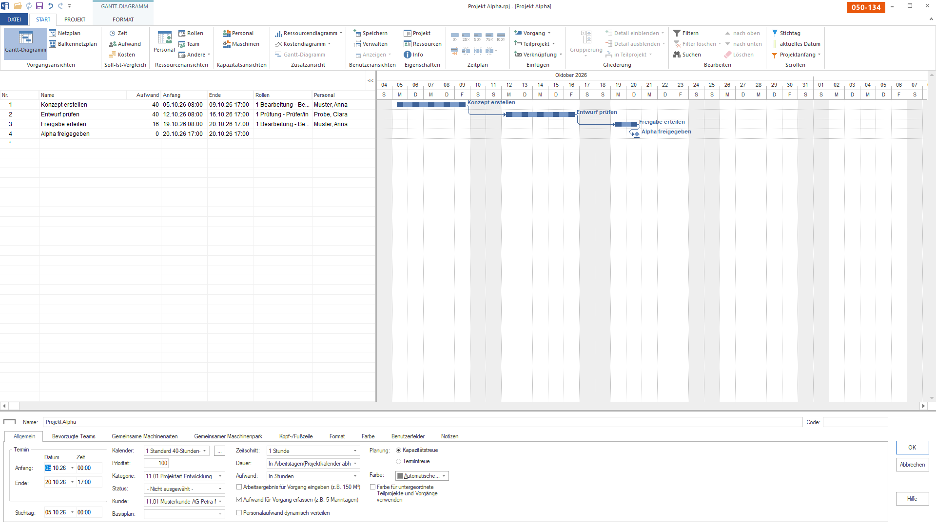 Balkenplan von „Projekt Alpha" in Rillsoft Project: drei Vorgänge in einer Kette vom 5. bis 20. Oktober mit Rollen und Personen, am Ende der Meilenstein „Alpha freigegeben"; darunter die Projektmaske im Reiter Allgemein.